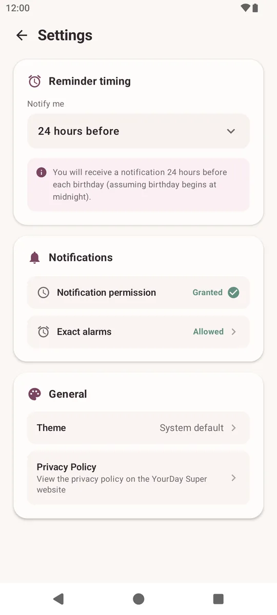 YourDay Super settings screen