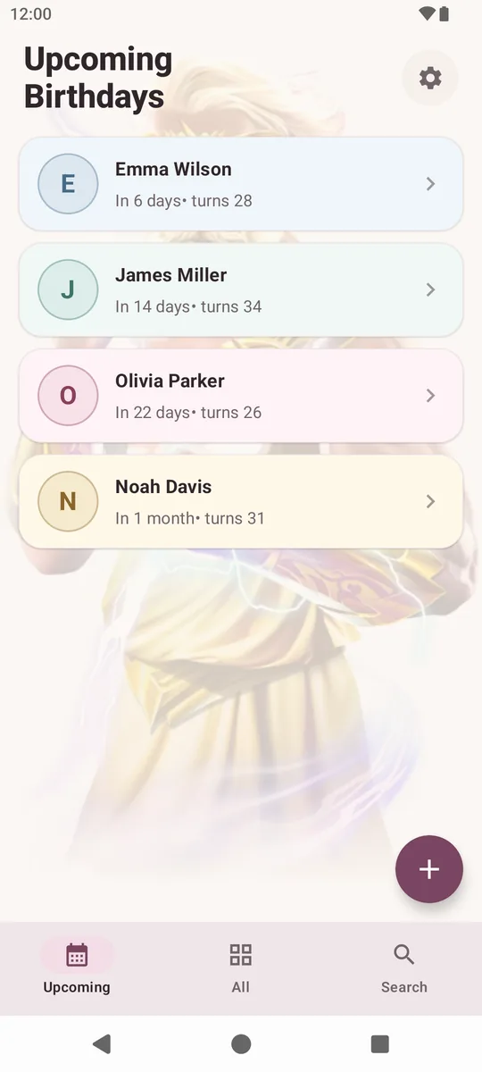 YourDay Super upcoming birthdays screen